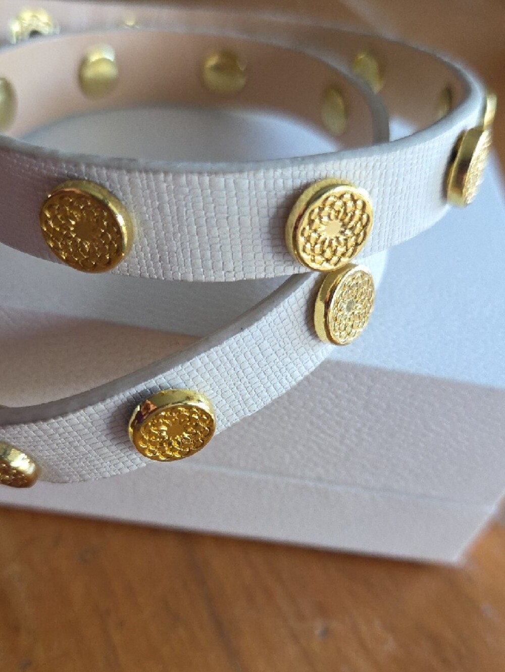 White Genuine Leather & Floral Gold-Studded Double Wrap Bracelet - Picture 5 of 6